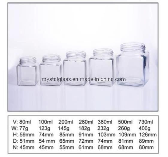 Various Sizes Square Honey Jam Jelly Glass Jar with Black Lug Lid for Food Packaging Jar