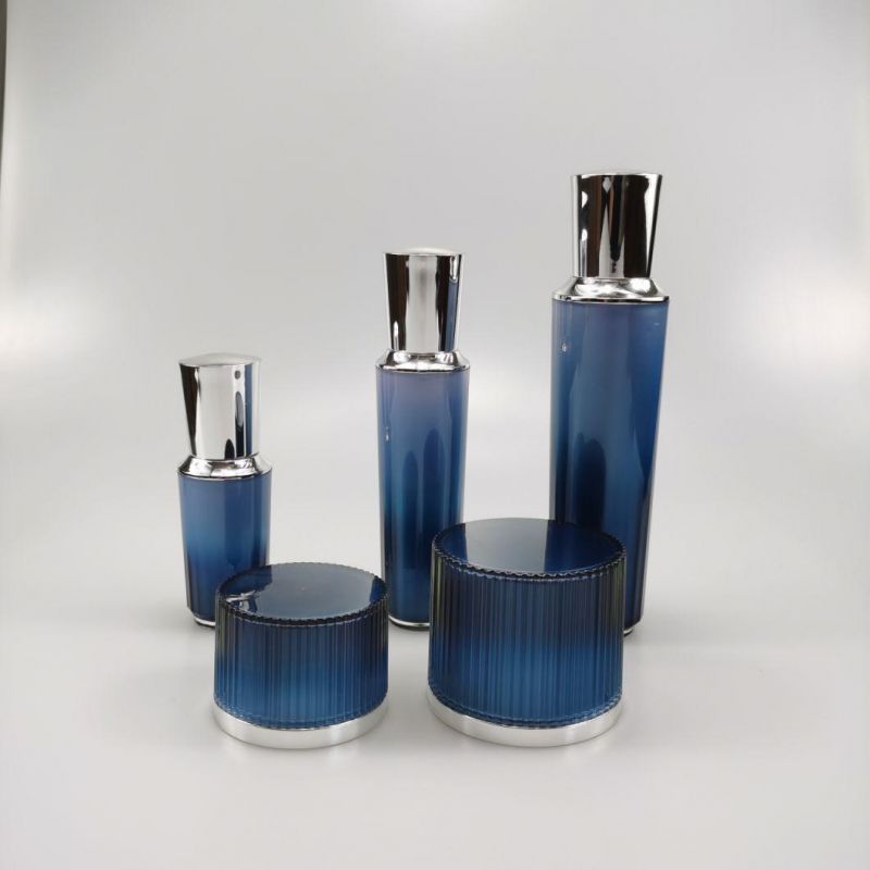 30ml 50ml 90ml Round Blue Acrylic Bottle Cream Serum Bottle with Silver Cap for Essence