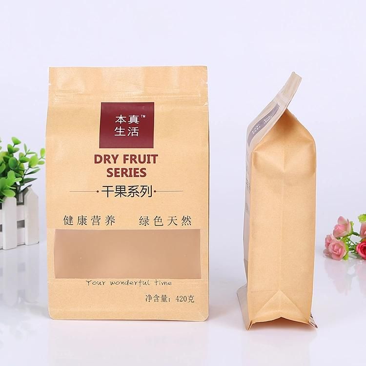 Kraft Paper Quad Seal Food Packaging Bag with Window