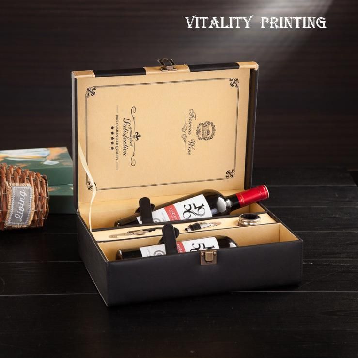 Wholesale Custom Luxury 2 Bottles Modern Black Top Handle Travel Wine Carrier Case with 4 Piece PU Leather Wine Accessory Set Wooden Wine Set Case