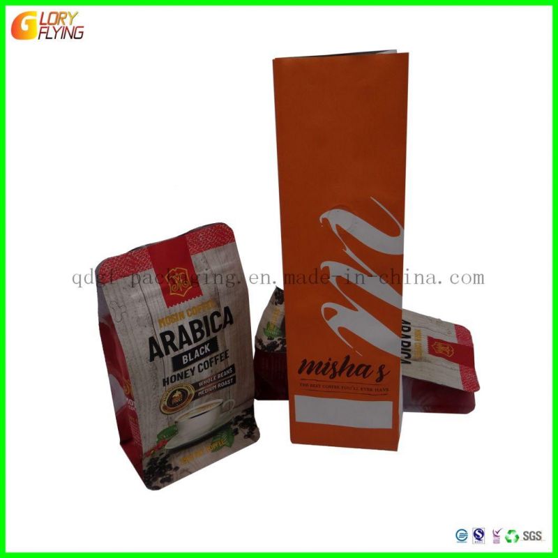 Biodegradable Customized Aluminum Foil Ziplock Pouch Flat Bottom Style Coffee Packaging Bags with Valve/Food Packaging for Ground Coffee.