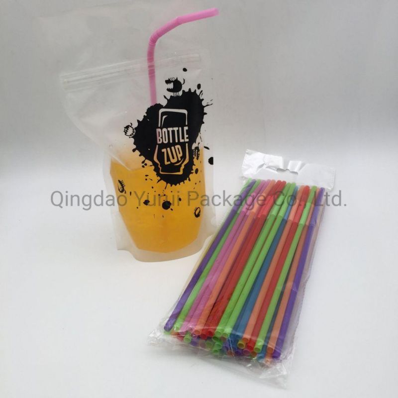 Juice Sealed Drink Pouches Clear Reclosable Hand Held Zipper Plastic Drinking Bags with Plastic Straw