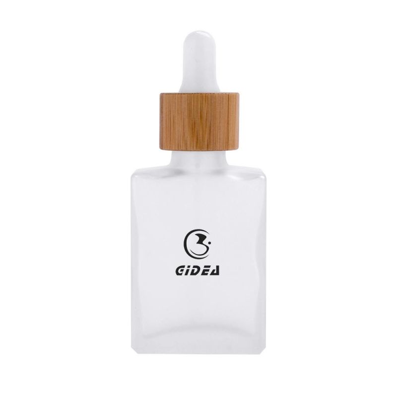 30ml Square Flat Glass Cosmetic Bottle with Dropper and Bamboo Cap