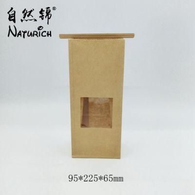 Square Block Flat Bottom Gusset Cookie/Snack Tin Tie Dessert Kraft Paper Bag with Window