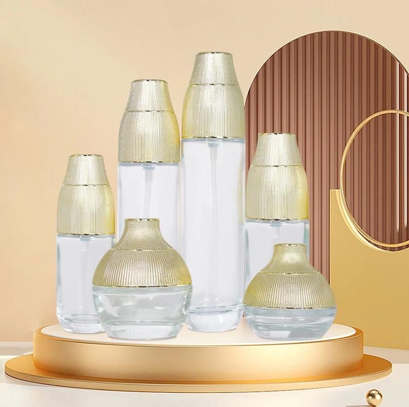 Cosmetic Packaging Supplier 120ml 100ml 50ml 30ml Unique Design Gold Cover Glass Lotion Bottle for Serum