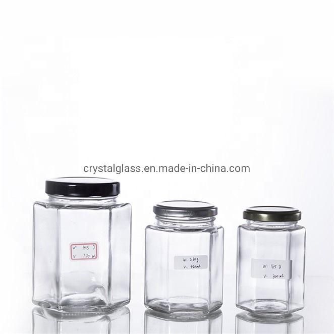 Classic Hexagon Food Storage Jar Honey Glassware with Metal Cap 100/180/500ml