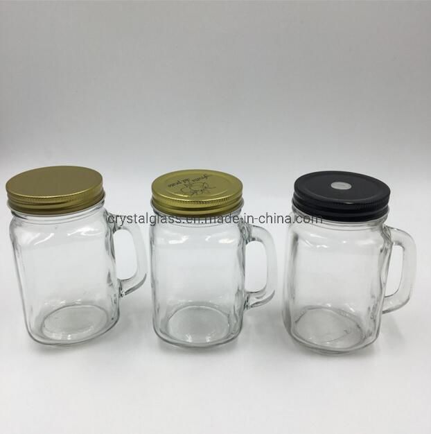 16oz Clear Customs Glass Mason Jar with Handle and Lid