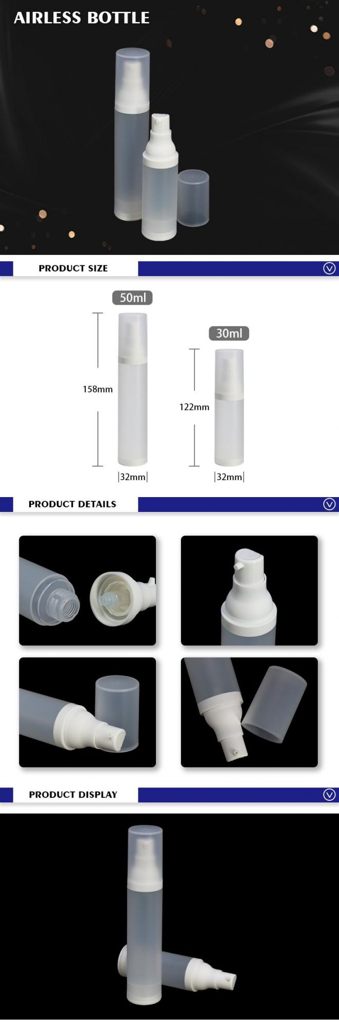 High Quality Empty Matte PP Plastic Airless Bottle for Lotion 30ml 50ml