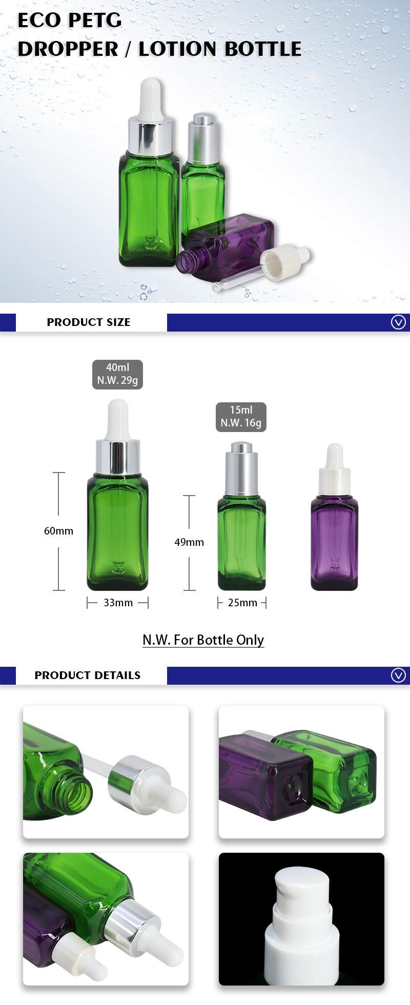 Wholesale Eco PETG Green Purple Square Cosmetic 40ml 30ml 15ml Dropper Bottle