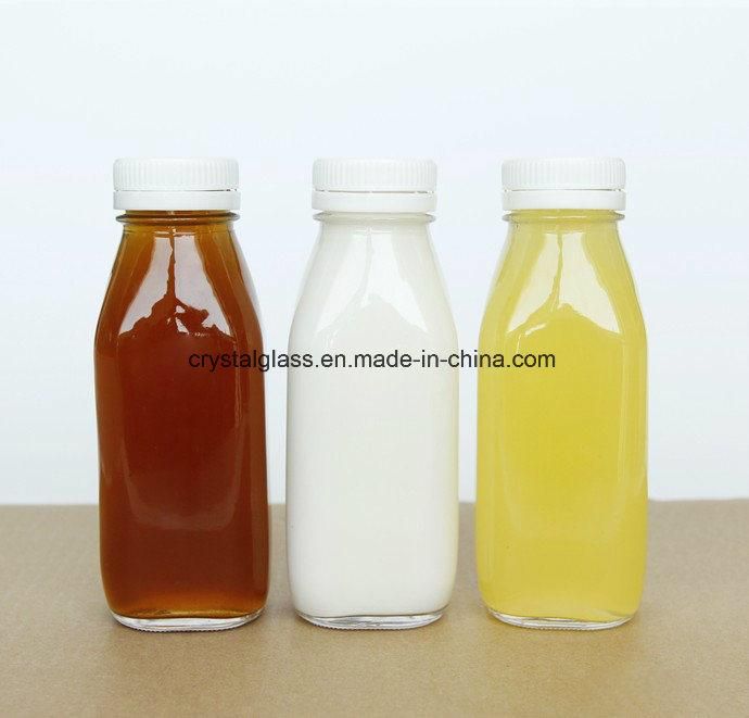 10oz 16oz 500ml Empty Clear French Square Glass Bottle with Child Proof Cap for Milk Tea Drinks