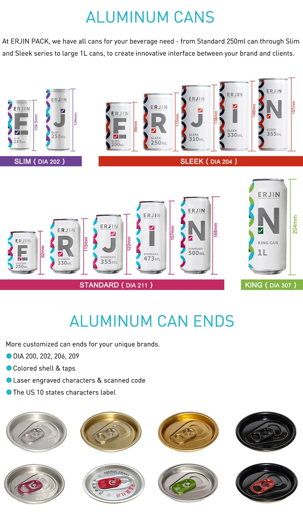 Printed Standard Sleek 330ml Beer Cans and 202 Sot Lids for Craft Brewery and Breweries with Canning Machine Line