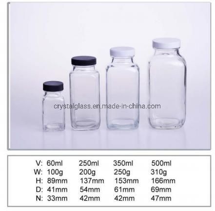 Square Juice Glass Beverage Bottle for Tea with Aluminium Lid 350ml