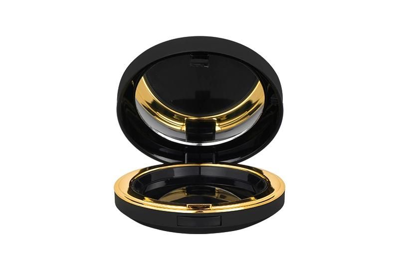 Round Empty Black Plastic Cosmetic Compact Case for Pressed Powder with Gold Rim