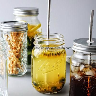 500ml Square Juice Glass Mason Jar with Straw