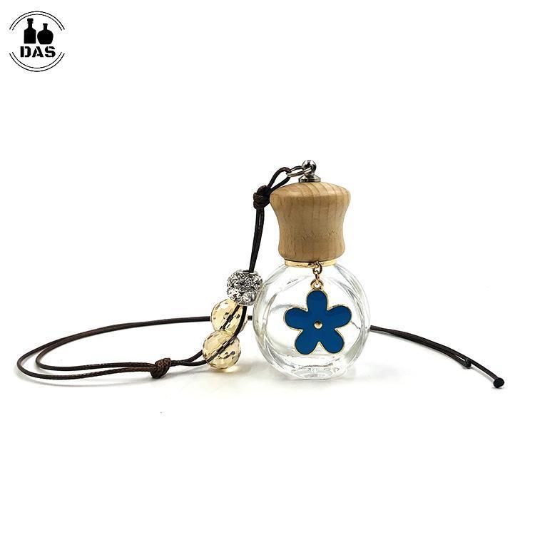 Blue Flower Pendant 8ml Flat Round Glass Car Perfume Bottle with Wood Cap