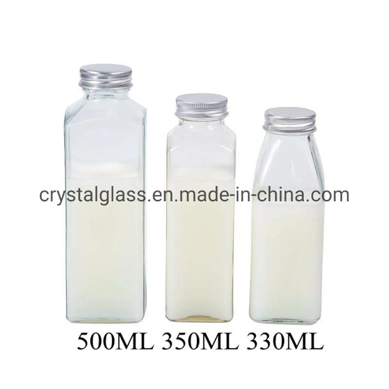 330ml Square Juice Glass Bottle with Aluminum Lid Code-Brew Tea Glass Milk Bottle 350ml