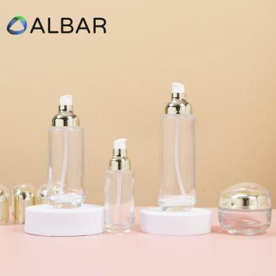 Flat Shoulder Serum Glass Bottles for Cosmetics and Face Body Care with White Pump