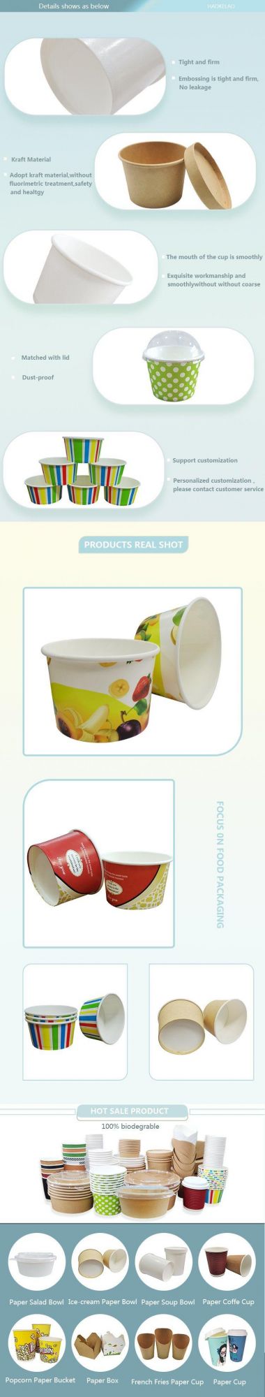 16oz Disposable Ice Cream Bowls Biodegradable Paper Soup Noodles Cups Container with Lid Wholesale