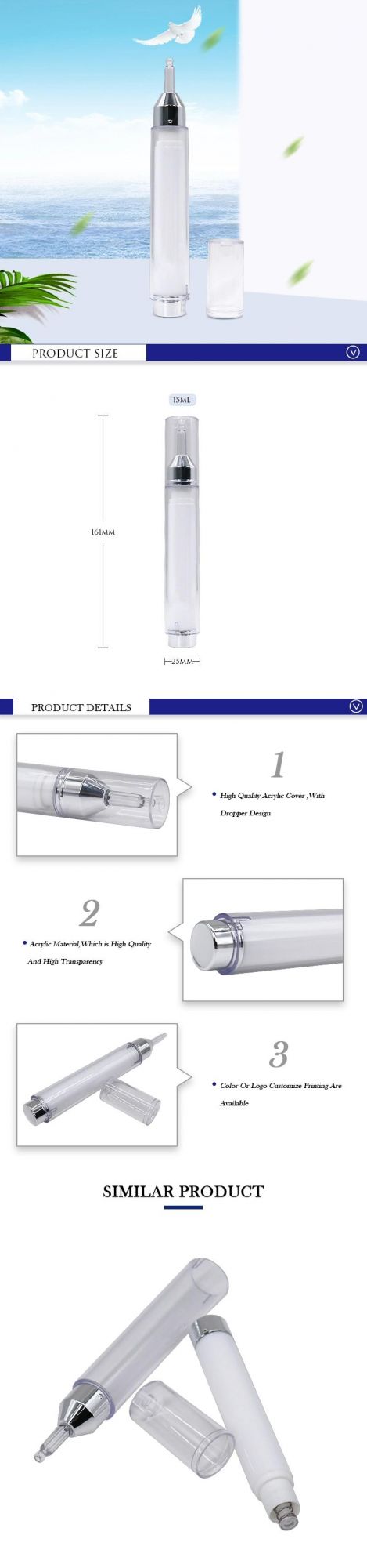 15ml Airless Cosmetic Bottle Eye Cream Injection Tube Syringe Bottle