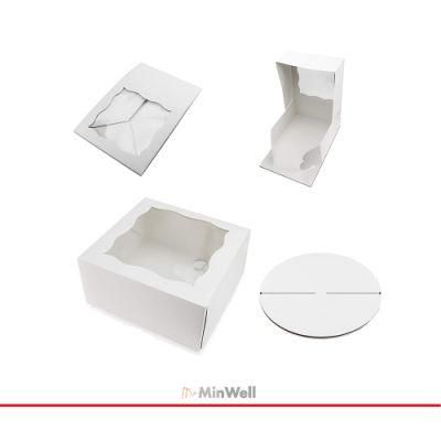 Minwell White Card Cake Boxes Set Sturdy Cake Paper Box Packaging Window Cardboard Cake Boxes with Corrupted Board Base Mat