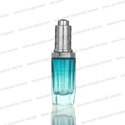 Transparent Gradient Blue Color Polyhedral Dropper Container Alum Collar 30ml Luxury Shiny Silver Dropper Serum Bottle