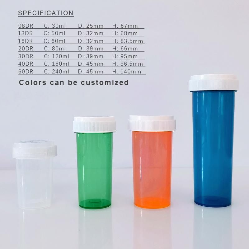 Sale Orange Pink Reversible Lid Push Down and Turn Vial Smell Proof PP Capsule Plastic Pill Bottles