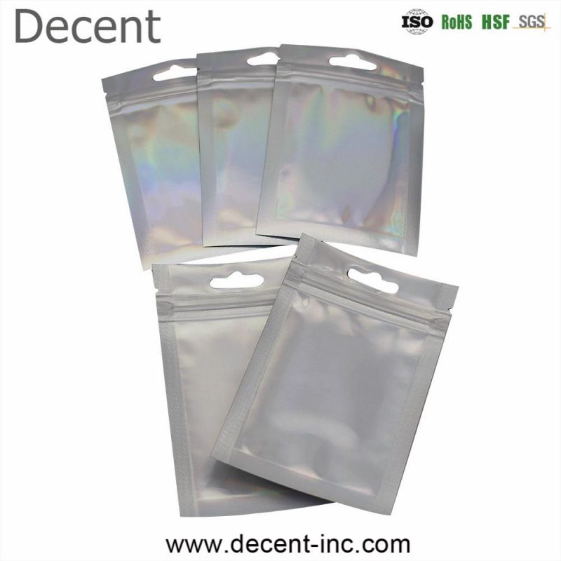 Transparent Clear Iridescent Front Silver Backed Aluminized Plastic Packaging Bags Mylar Ziplock Holographic Laser Bag for Makeup/Cosmetic