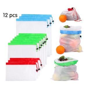 White Premium Polyester Produce Black Rope Reusable Mesh Kitchen Fruits Food Storage Bags