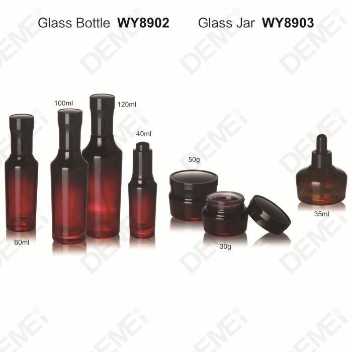 35/40/60/100/120ml 30/50g Cosmetic Skin Care Packaging Black Red Toner Lotion Glass Dropper Bottle and Cream Jar with Black Slim Cap