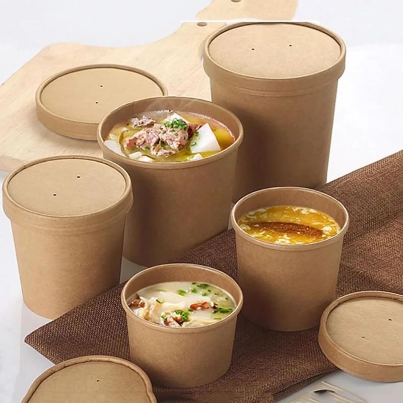 Manufacturer Hot Sale Disposable Kraft Paper Soup Cup with Paper Lids