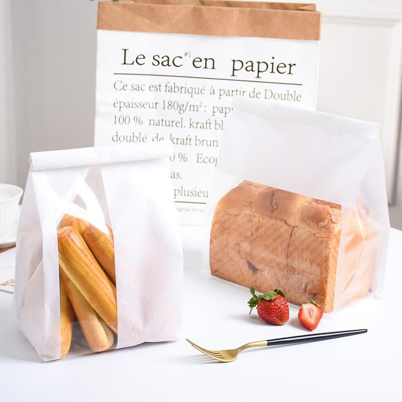 Wholesale Square Bottom Gusset White Kraft Paper Bread Bakery Toast Packaging Tin Tie Dessert Paper Bags with Window