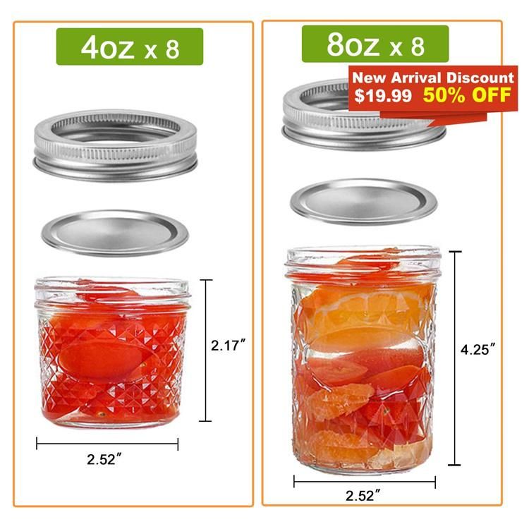 4 Oz 8 Oz 12 Oz Clear Wide Mouth Mason Jelly Jam Canning Jars with Metal Lid