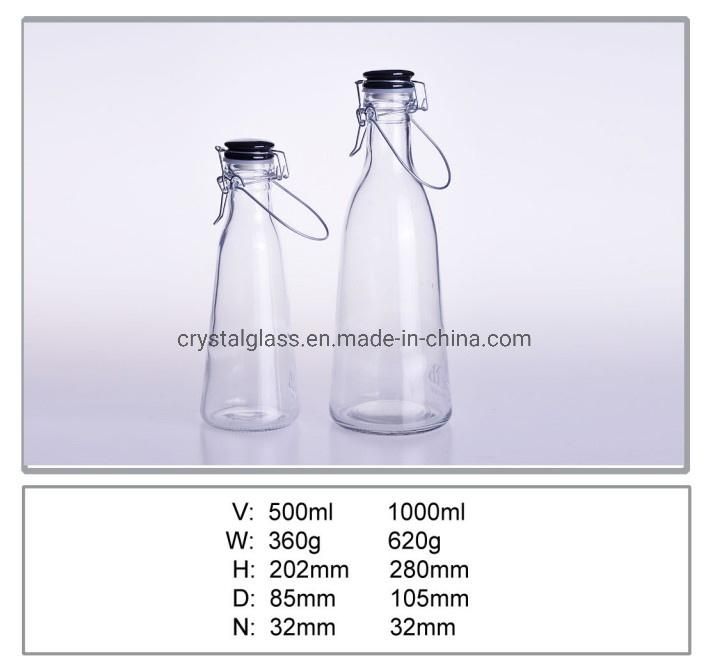 Cone Shape Portable Empty Fresh Milk or Juice Glass Bottle with Sealed Swing Clip 1L