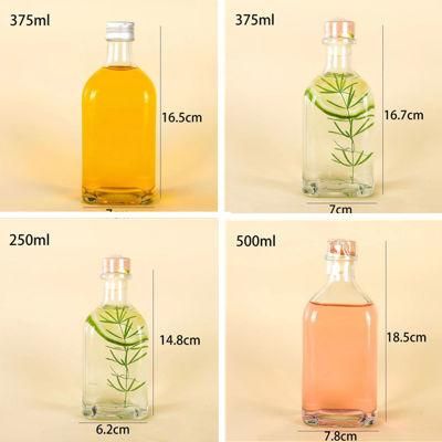 250ml 375ml 500ml Hot Sale Clear Square Glass Bottle with Rubber Stopper for Juice Water Milk Beverage Drinking