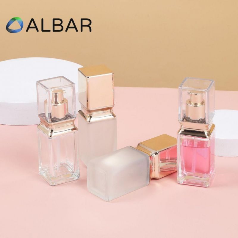 Clear and Gold Cover Rectangle Cosmetic Glass Bottles with Customized Printing Logo