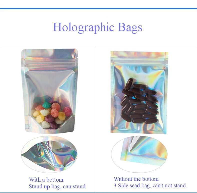 Shiny Transparent Holographic Mylar Ziplock Cosmetic Candy Make up Packaging Bag Hologram Stand up Pouch