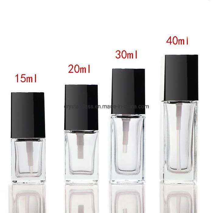 10ml 20ml 30ml 40ml Square Lotion Glass Cosmetic Bottles with Black Caps