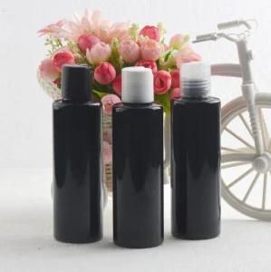 150ml Pet Plastic Flat Shoulder Shiny Black Color Cosmetic Shampoo Bottle with Press Cap