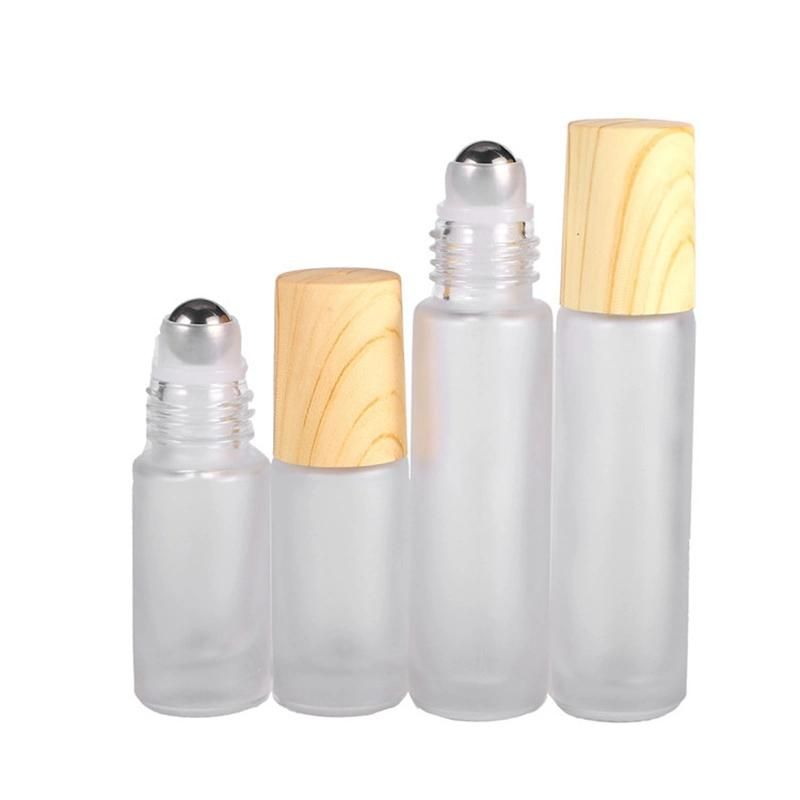 Wood Bamboo Top 5ml 10ml Sample Roll on Ball Frosted Clear Glass Roller Bottle for Essential Oil with Box