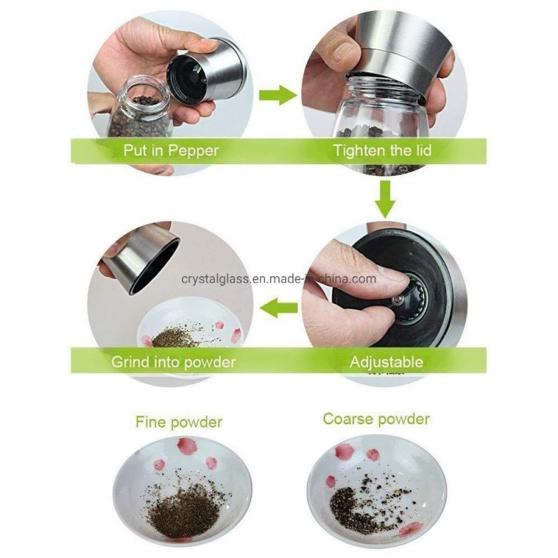 Eco-Friendly 180ml Glass Sea Salt Pepper Grinder Spice Grinding with Stainless Steel Top