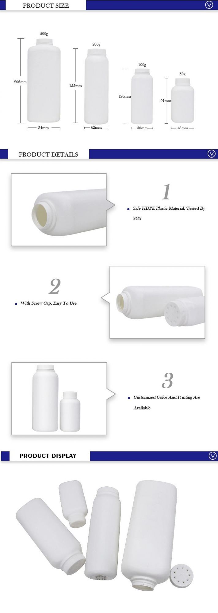 100ml/200ml/500ml HDPE Plastic Talcum Powder Bottles Powder Shaker Containers