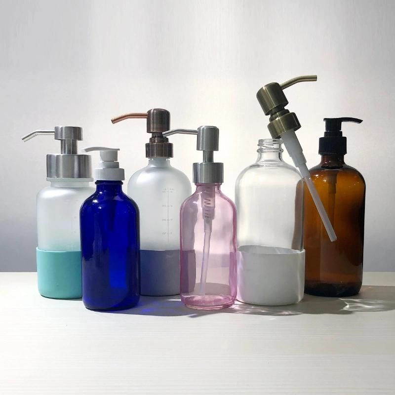 Hot Sale 500ml 16oz Blue Boston Round Alcohol Hand Sanitizer Shampoo Dispenser Soap Glass Pump Bottle