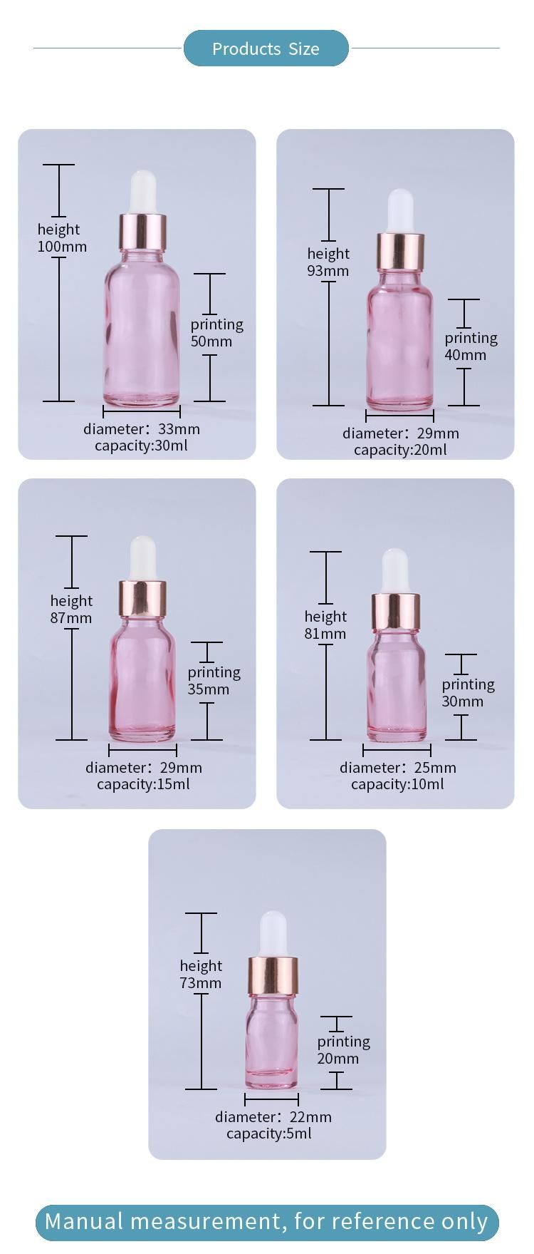 in Stock Hot Sales 30ml Cherry Pink Glass Dropper Bottle with Rose Gold Dropper for Essential Oil Serum