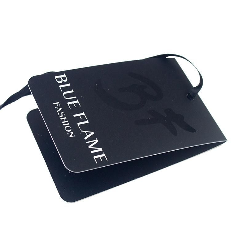 Matte Lamination UV Logo Center Folded Clothing Black Paper Hang Tag