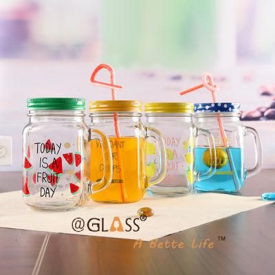 16oz Glass Mason Jar with Handle with Prints for Wholesale