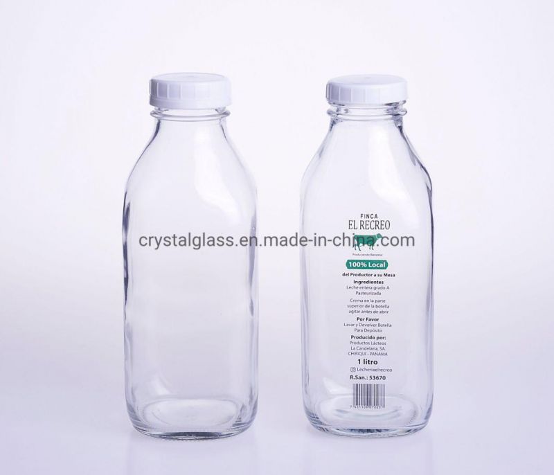 500ml 16oz Transparent Glass Square Fresh Milk Tea Juice Bottle with Plastic Lids