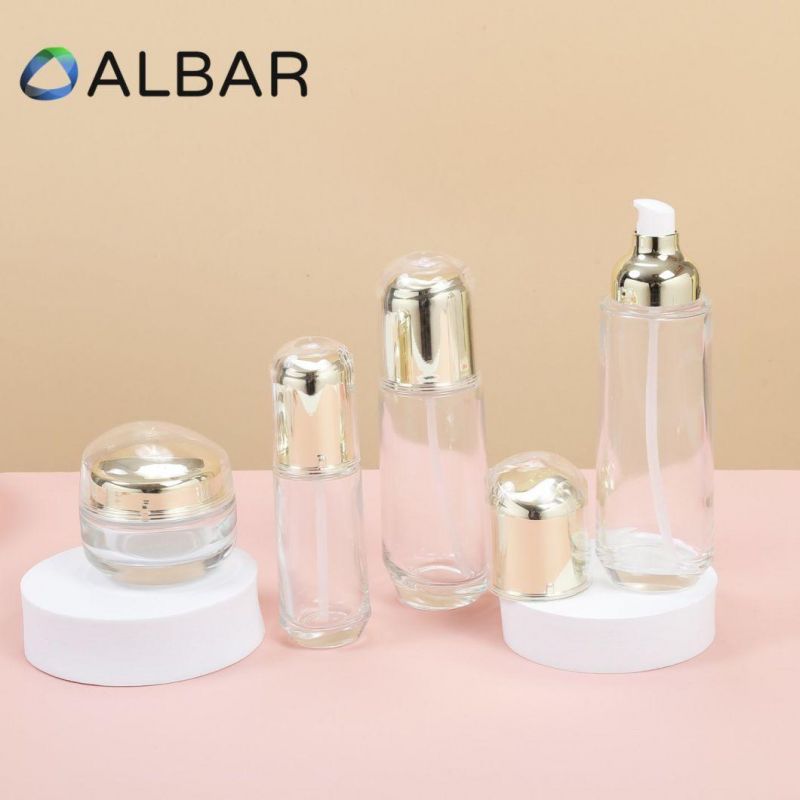 Flat Shoulder Serum Glass Bottles for Cosmetics and Face Body Care with White Pump