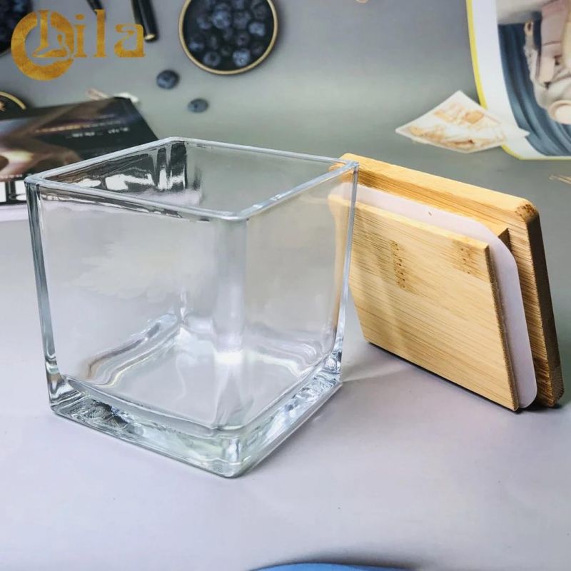 Wholesale High Quality Square Candle Jar Glass Storage Jar with Bamboo Wooden Lid