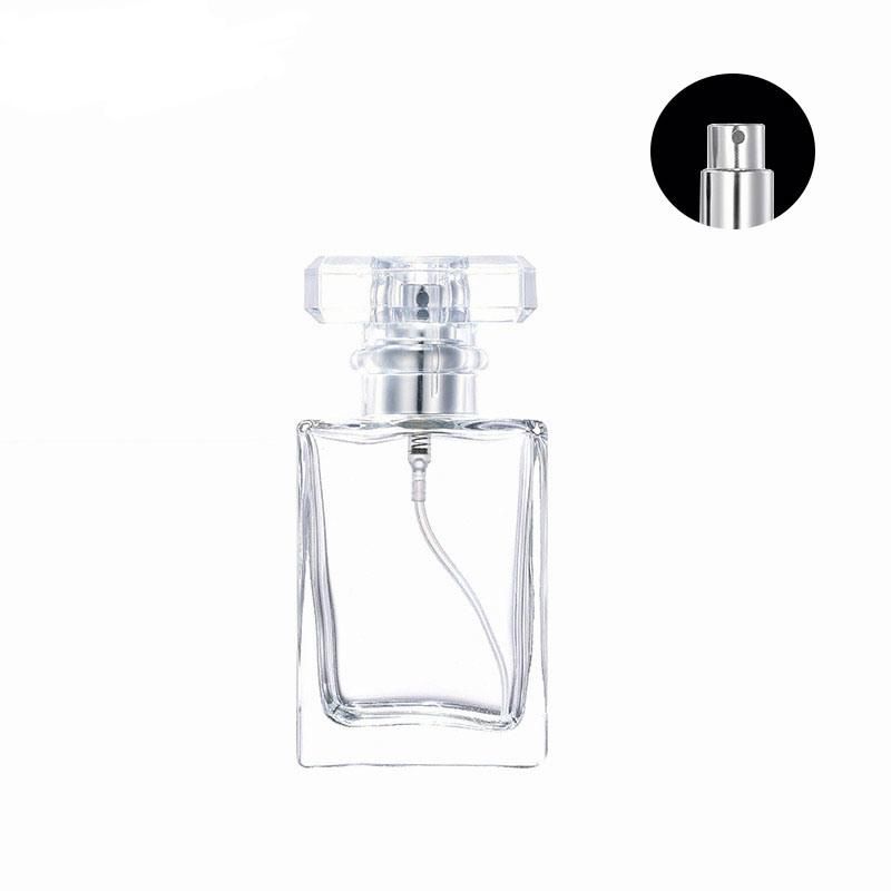 30ml 50ml Glass Perfume Bottle Square Spray Glass Perfume Bottle with Gold Silver Aluminum Mist with Plastic Cover