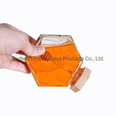 220ml 380ml Flat Hexagon Food Jar Honey Glass Jar with Bamboo Lid Dipper